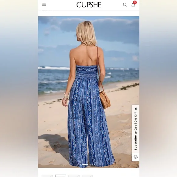 Indigo Paisley Strapless Wide Leg Jumpsuit Blue Strapless Boho Wide-Leg Jumpsuit - Picture 2 of 3